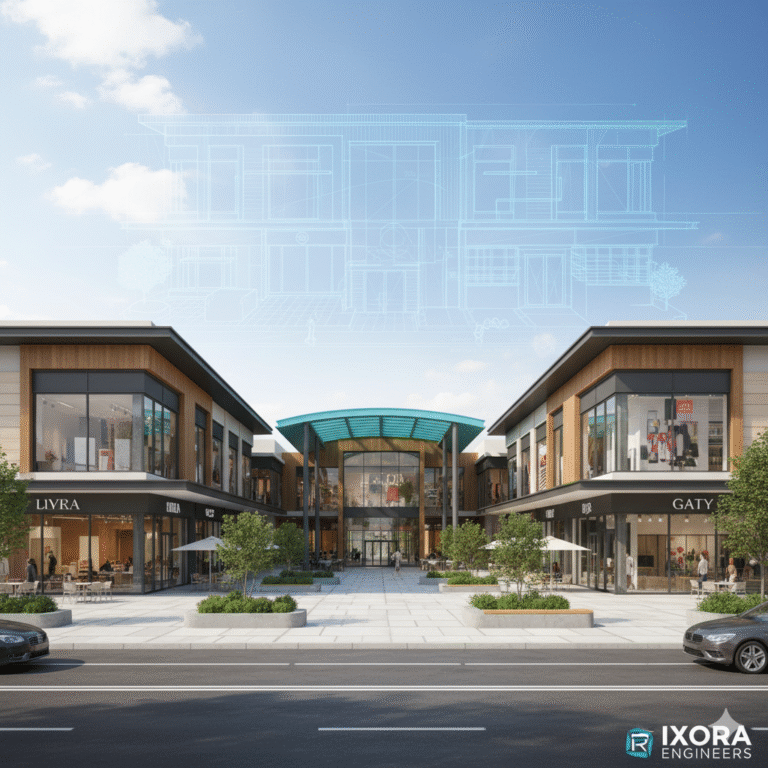 Shopping Complex / Retail Design: This image showcases a vibrant, modern shopping complex with a focus on its architectural appeal and functional design.