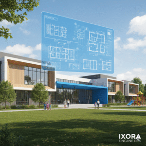 This image showcases a bright and modern school building, emphasizing its conducive environment for learning.