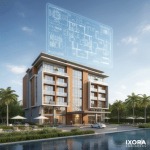 contemporary hotel exterior, highlighting its inviting facade and architectural details suitable for hospitality.