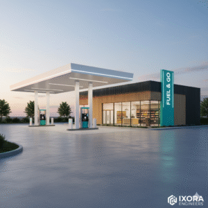 modern gas station and convenience store, highlighting its inviting design and efficient layout.