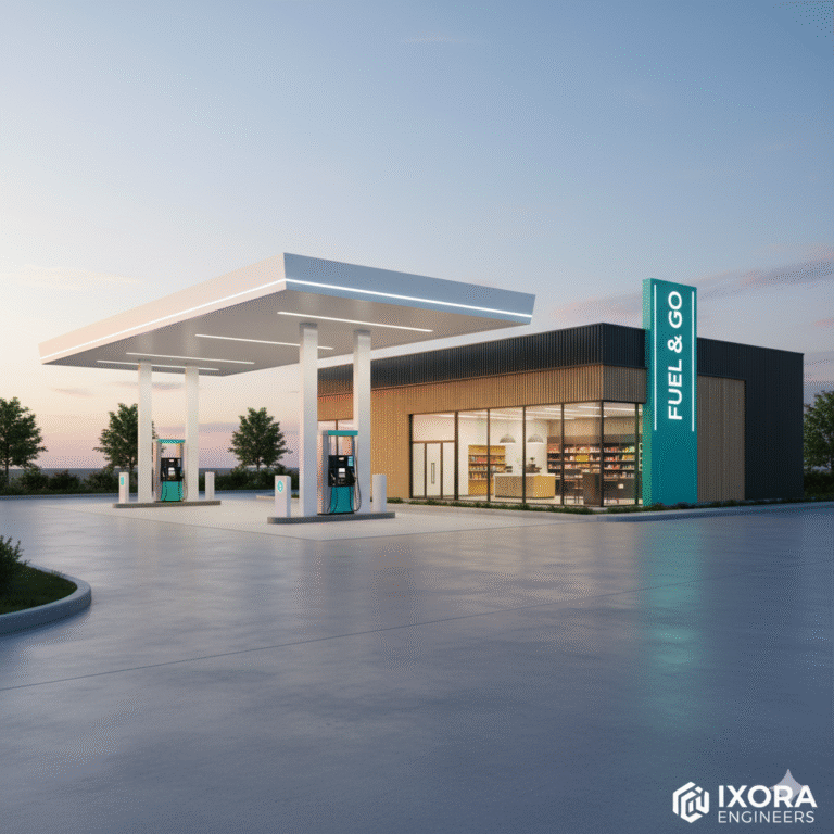 modern gas station and convenience store, highlighting its inviting design and efficient layout.